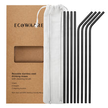 Load image into Gallery viewer, Ecowaare Reusable Stainless Steel Straws, 4 Straight+4 Bent+2 Brushes,10.5 inch Ultra Long, Black Color