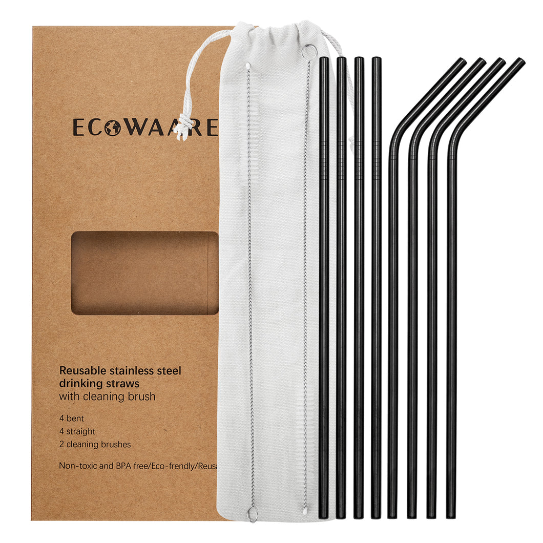 Ecowaare Reusable Stainless Steel Straws, 4 Straight+4 Bent+2 Brushes,10.5 inch Ultra Long, Black Color