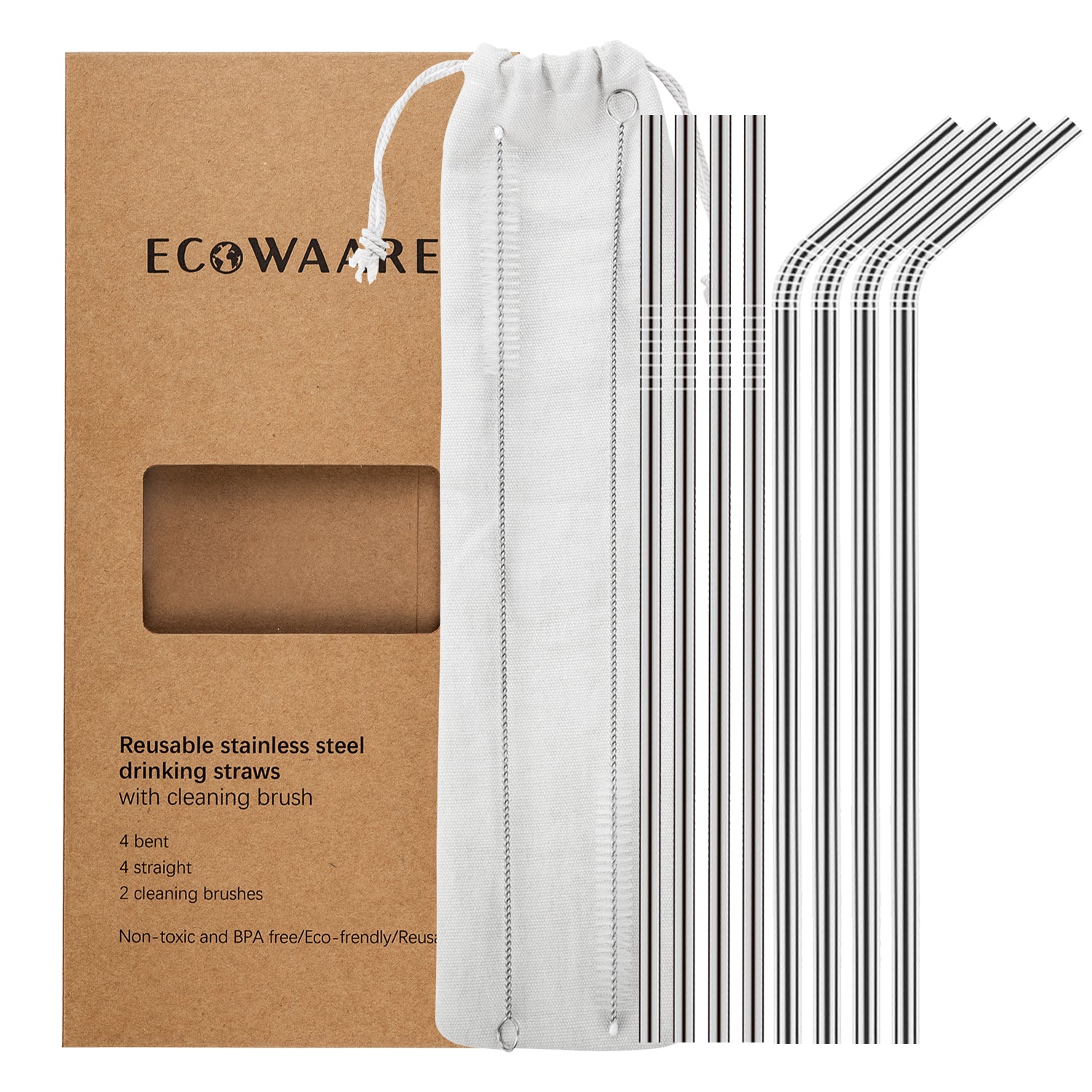 Stainless Steel Straws - reusable set of 4 with cleaning brush