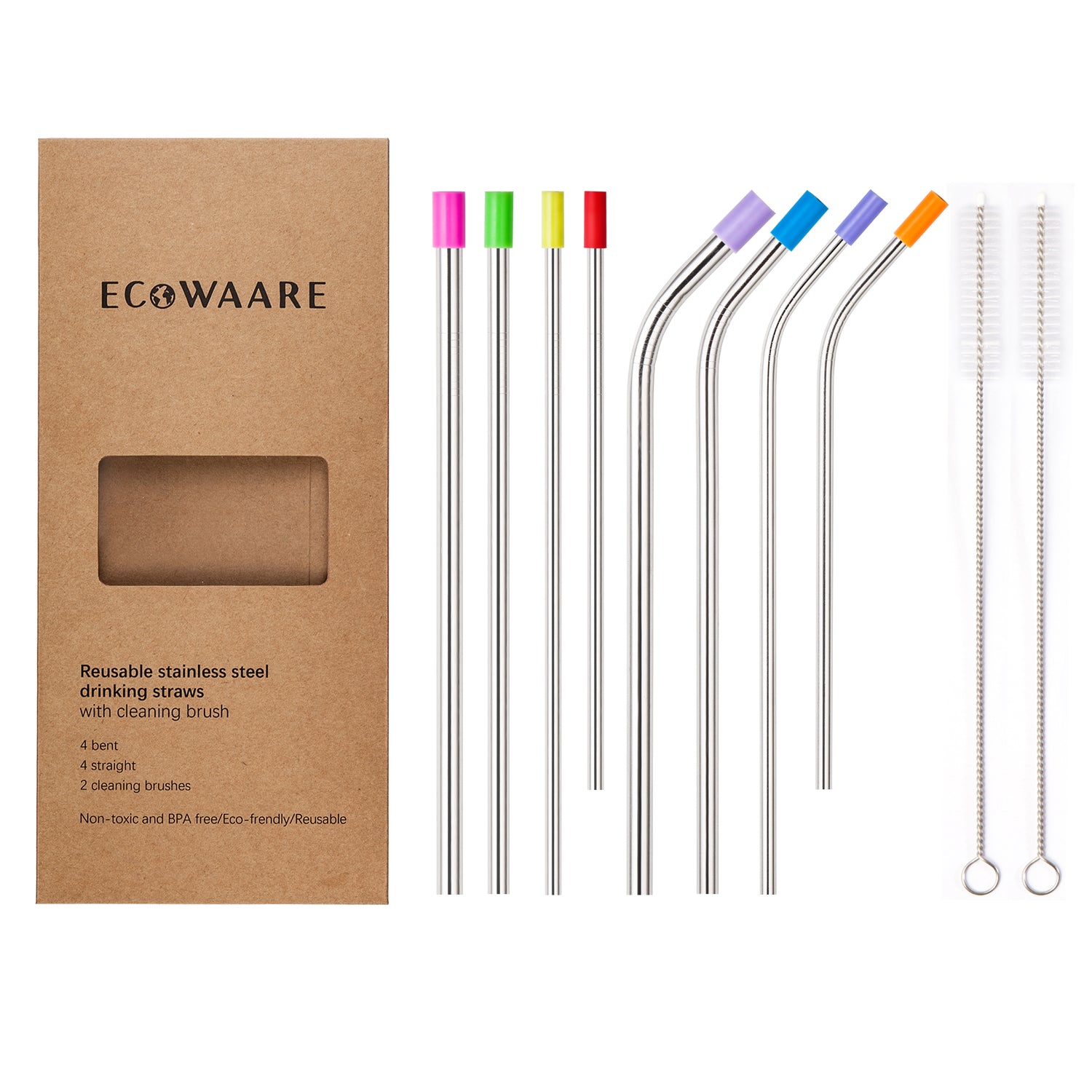 Reusable Stainless Steel Straws With Silicone Tips, Cleaning Brush