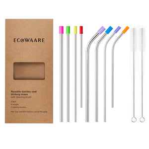 Ecowaare 8pcs Stainless Steel Straws with 2 Cleaning Brushes Silicon Cover, Sizes 6mm|8mm|9.5mm 2 Lengths 8.5 Inch|10 Inch