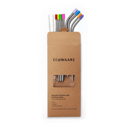 Ecowaare 8pcs Stainless Steel Straws with 2 Cleaning Brushes Silicon Cover, Sizes 6mm|8mm|9.5mm 2 Lengths 8.5 Inch|10 Inch